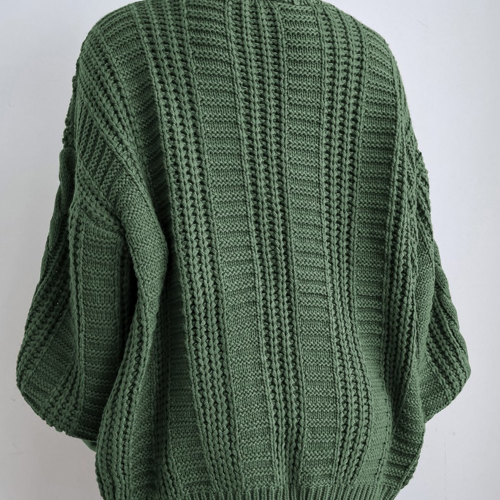 Olive Green Casual Womens Solid Button Front Cable Knit Cardigan - Picture 2 of 5